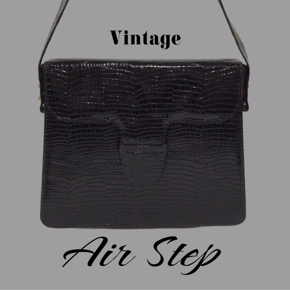 Vintage AIR STEP Black Patent Leather Croc Embossed Structured Shoulder Box Bag